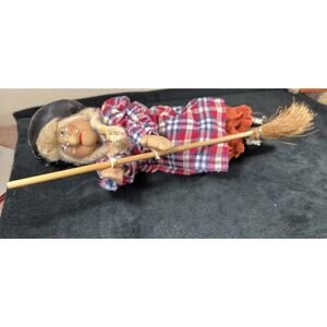 Vintage Nylon Hose Art Witch with Broomstick Halloween